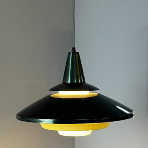 Lamellenlampe dunkelgrün gelb mit Opalglasschirm