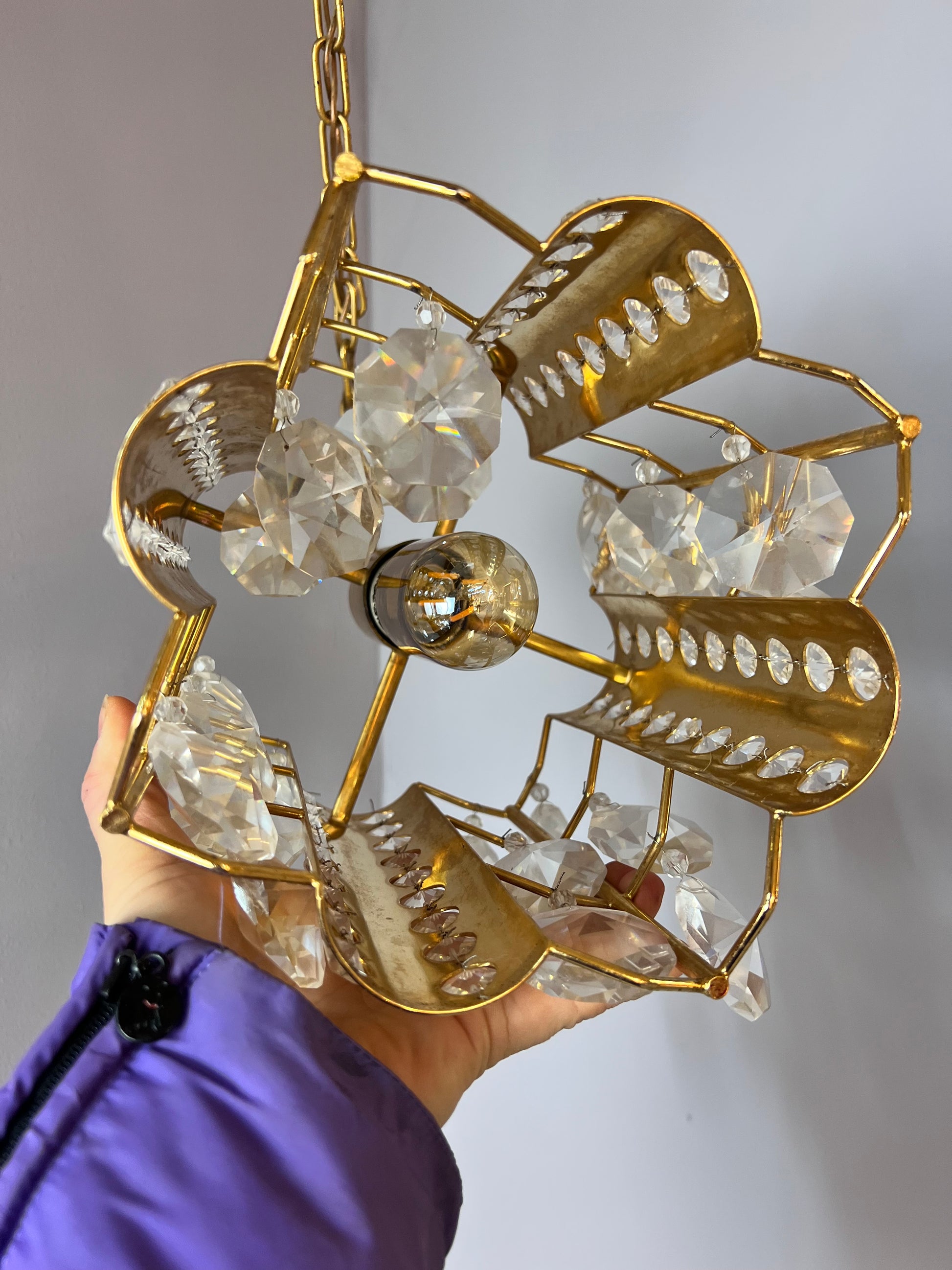 Hängelampe Messing Kristalle von Palwa