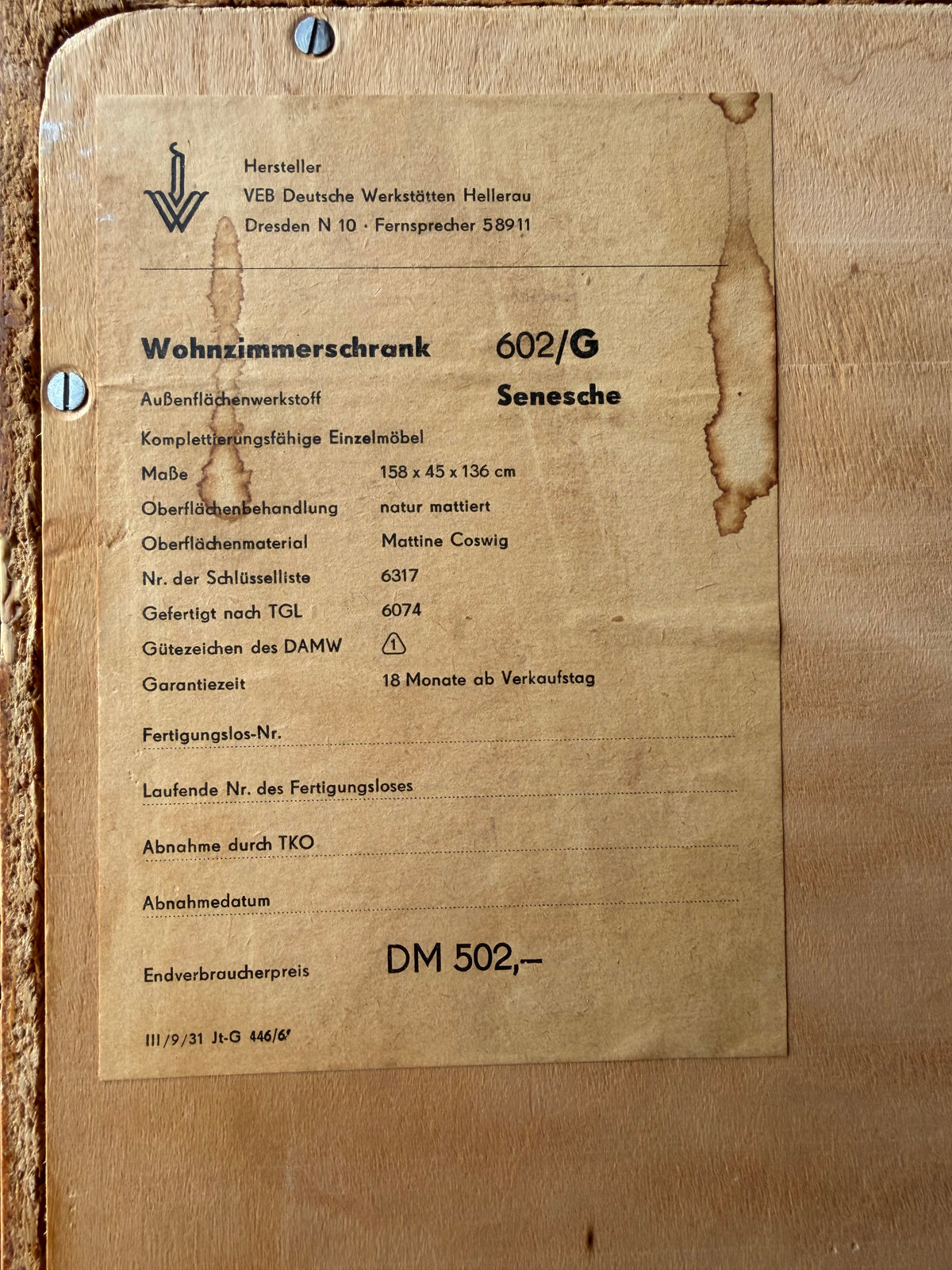 Highboard Typ 602/G Esche von Franz Ehrlich für Hellerau