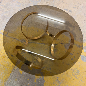 Runder Hesterberg Couchtisch mit Kreisgestell Messing Rauchglas