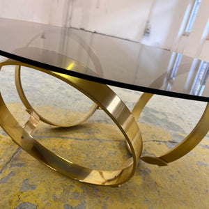 Runder Hesterberg Couchtisch mit Kreisgestell Messing Rauchglas