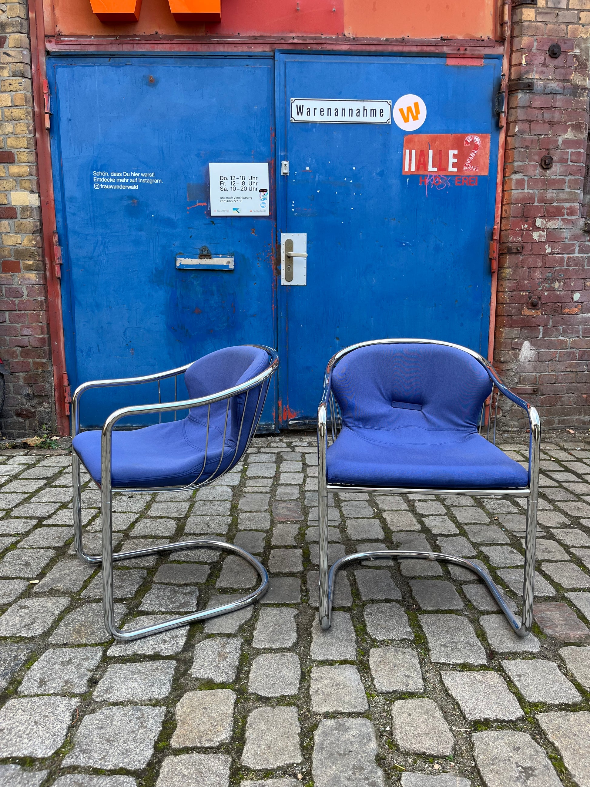 Set: 2x Freischwinger Chrom blau von Gastone Rinaldi für Alma