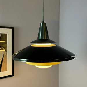 Lamellenlampe dunkelgrün gelb mit Opalglasschirm