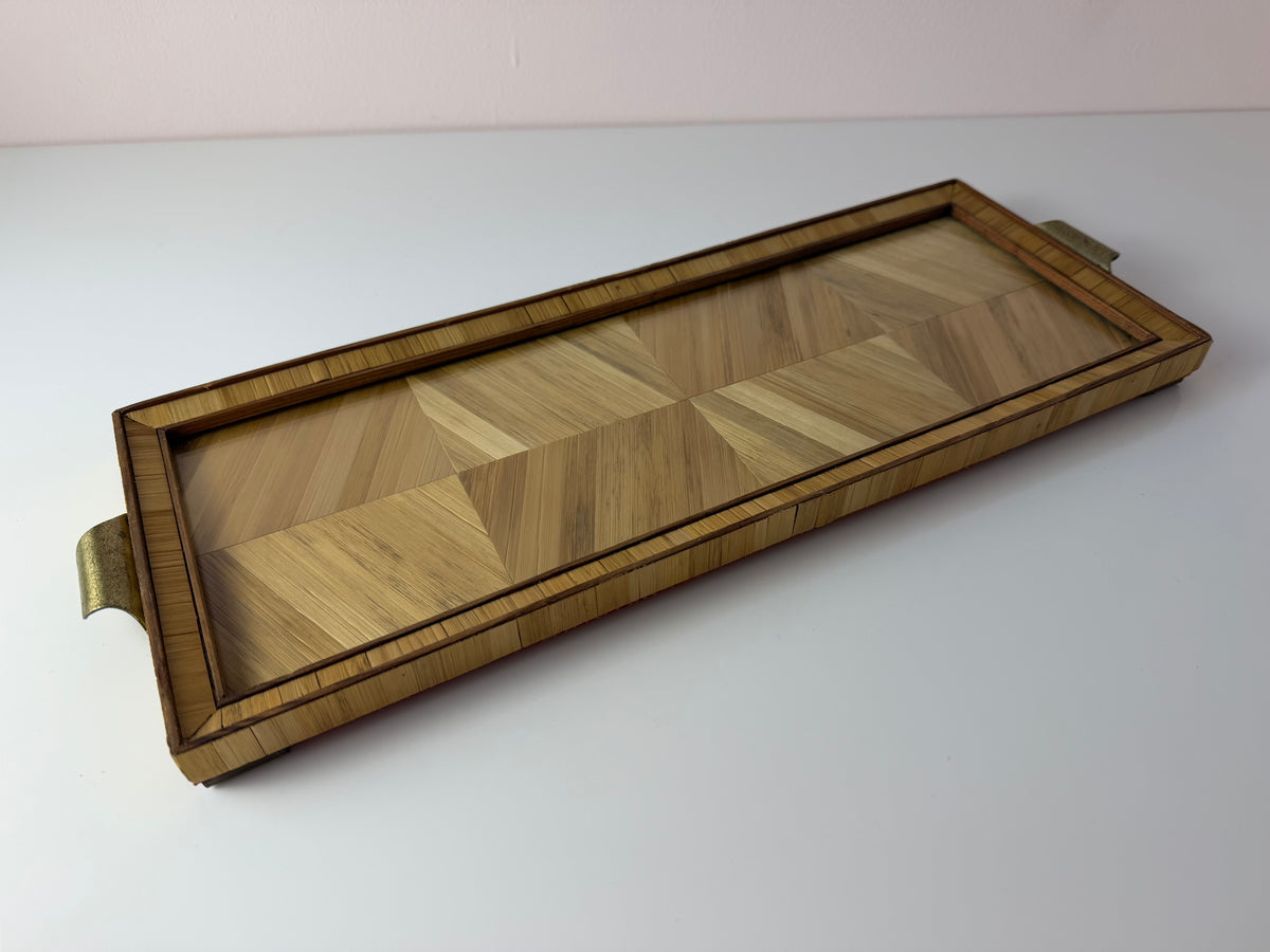 Tablett mit Stroh Intarsien und Messinggriffen von Josa
