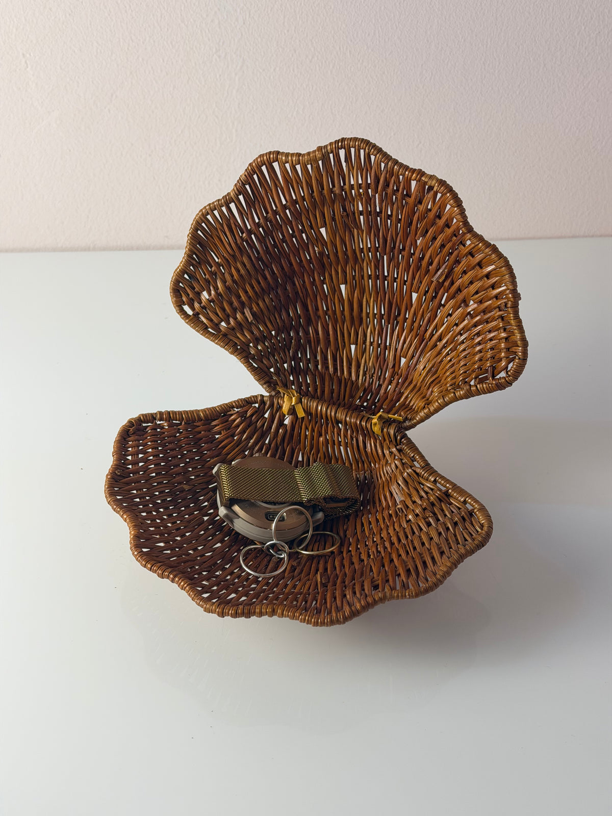 Muscheldose auf geflochtener Weide